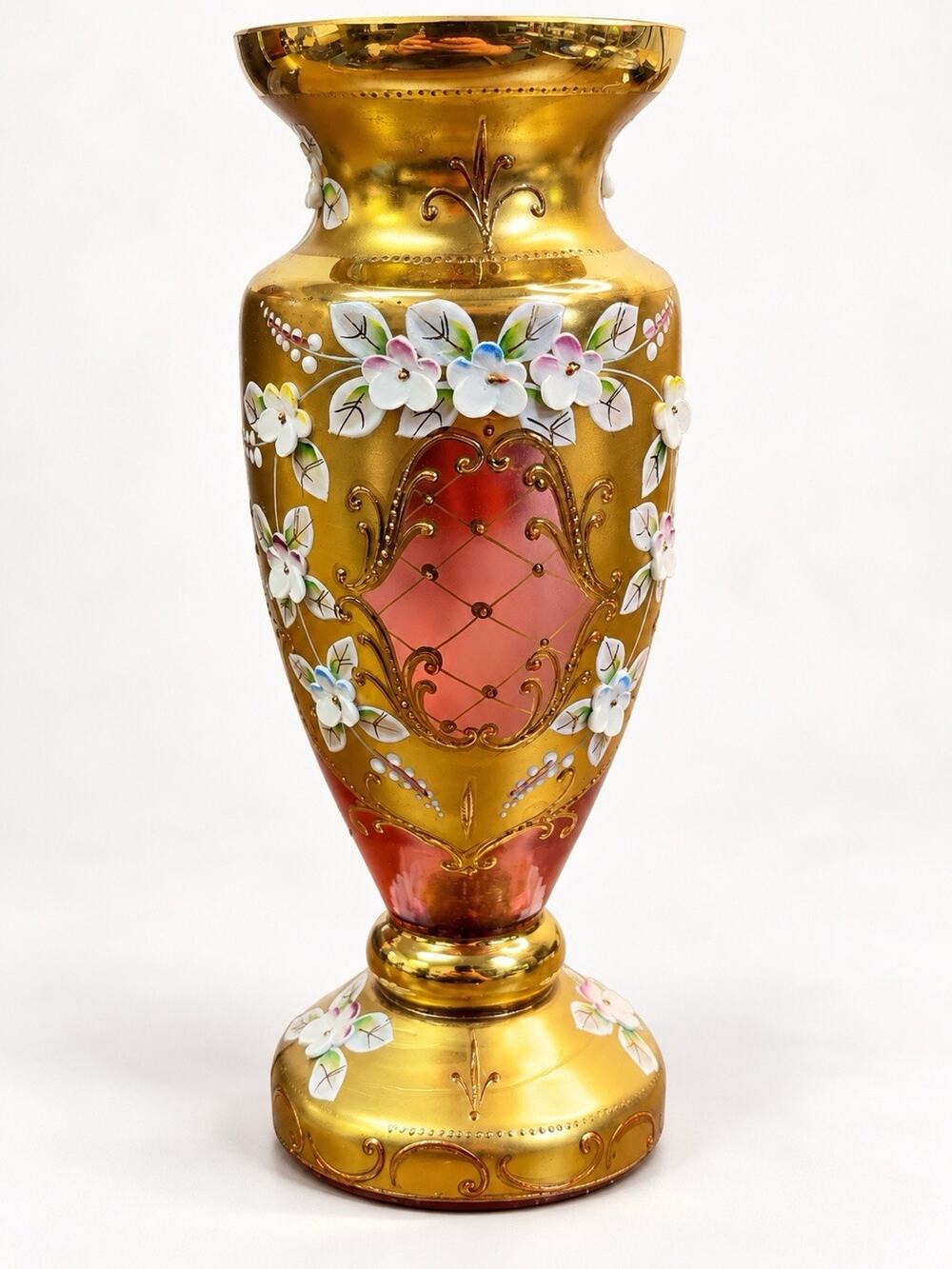 Egermann Bohemia Crystal Vase 8.5” Gold Gilt Enamel Floral Czech Art Glass